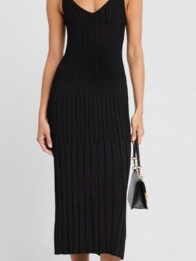 Toccin Women's Black Joely Ribbed Knit Satin V-Neck Sleeveless Dress Size L